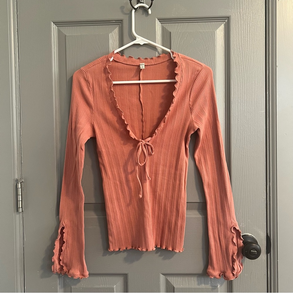 Intimately Free People Fall For You Ruffled Tie Front Ribbed Blouse Coral - Picture 2 of 9